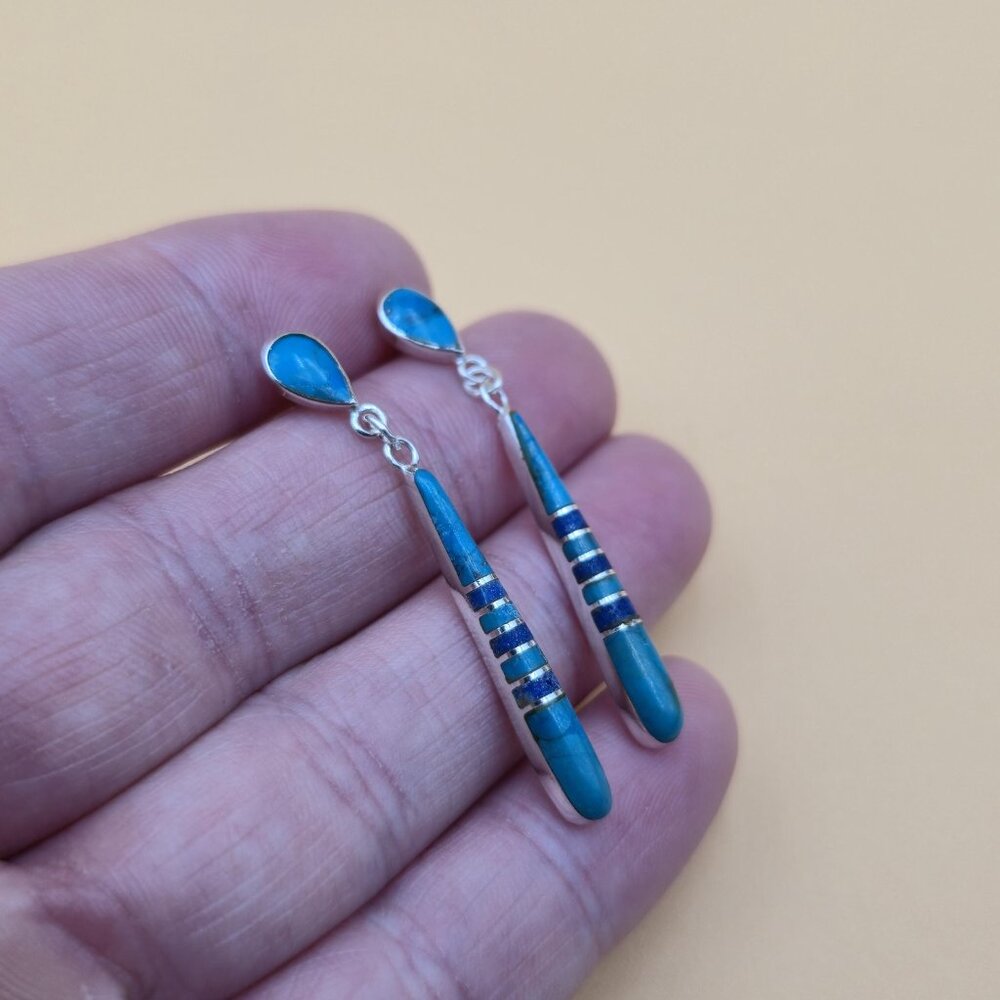 Sterling Silver Turquoise And Sodalite Stone Earrings A4563 - Picture 2 of 6